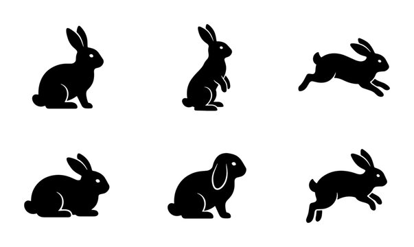 Black Rabbit Silhouettes, Six Vector Icons Depicting Various Poses: Sitting, Standing, Running, and Hopping, Ideal for Easter and Animal Graphics