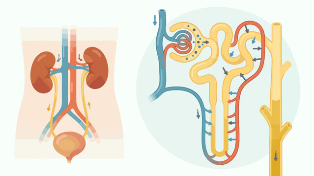 Urinary System and Nephron Structure Diagram, Colorful Flat Illustration Showing Kidney, Bladder, Glomerulus Filtration, Loop of Henle, and Tubular Reabsorption Process Renal Physiology Medical Infog