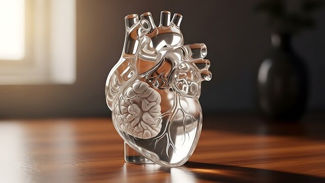 Anatomical glass heart model on table.