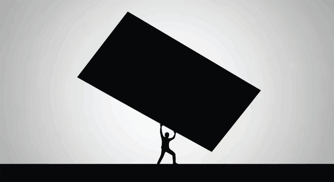 Silhouette of man holding heavy rectangular block showing concept of overcoming life challenges and personal struggle metaphor.