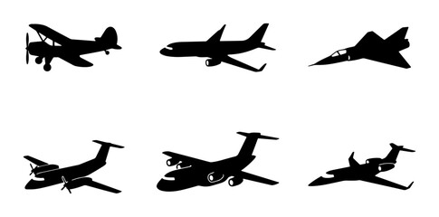 Diverse Aircraft Silhouettes Collection: Vintage Biplane, Jetliner, Fighter Jet, Turboprop, Cargo Plane, Private Jet Icons © Nodi