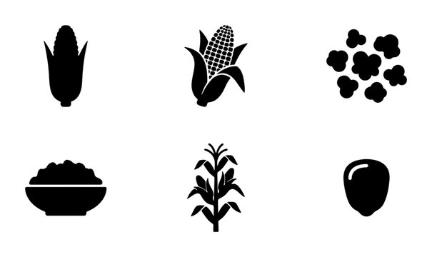 Corn Icons Set: Maize Cob, Popcorn, Grain, Plant, Bowl of Corn Kernels, Vector Graphics for Food and Agriculture