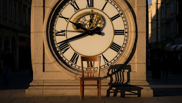 Large clock tower with old chair.