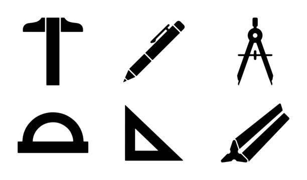 Engineering and Drafting Tools Set, Precision Instruments Icons, Technical Drawing Equipment, Geometric Measurement Symbols, Vector Graphics Collection