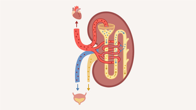 Kidney Nephron Filtration Process Diagram - Colorful Flat Illustration Showing Blood Flow from Heart Through Glomerulus, Loop of Henle, Tubule Reabsorption to Bladder Renal Physiology Medical Infograp