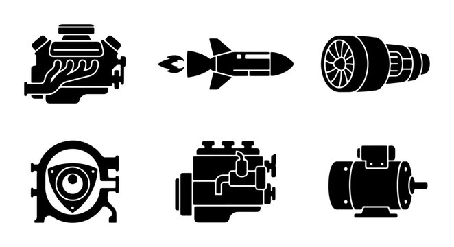 Set of 6 Industrial Engine and Motor Icons, Vector Graphics for Mechanical Engineering and Automotive Design