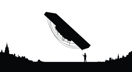 Man stands in silhouette looking at hovering alien spaceship. © Times Graphic