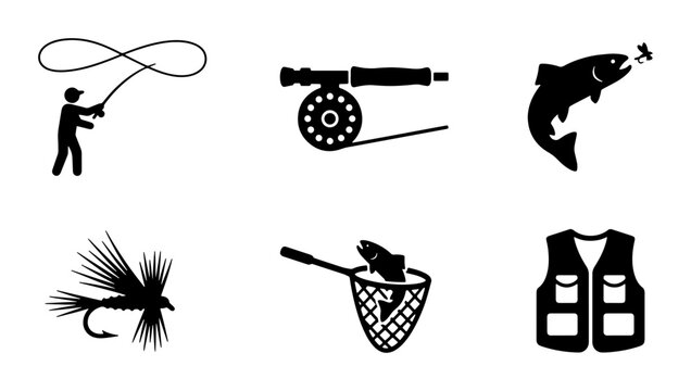 Fly Fishing Icons Set, Angler Silhouette, Reel, Jumping Trout, Fishing Fly, Landing Net, Vest, Vector Graphics for Outdoor Sport