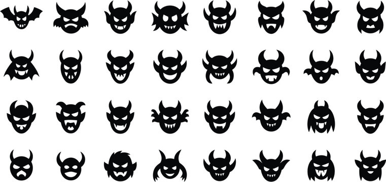 Demonic faces silhouette vector set with thirty monster masks, horned expressions, gothic horror icons, spooky Halloween emblem designs
