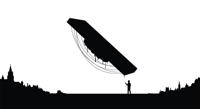 Man stands in silhouette looking at hovering alien spaceship.