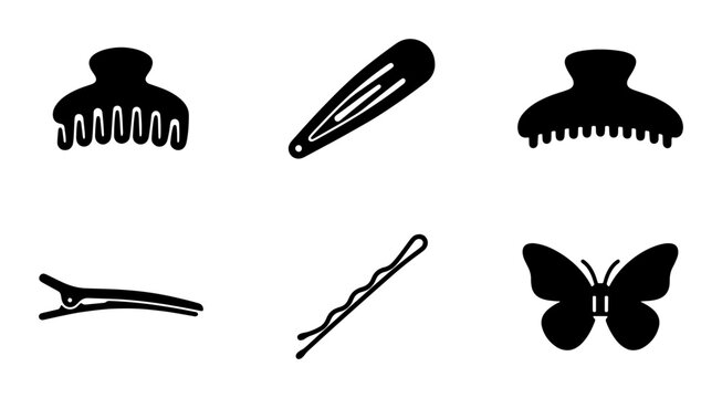 Hair Accessories Vector Icons: Claw Clips, Bobby Pins, Butterfly Clips, and Barrettes for Styling and Beauty Collections