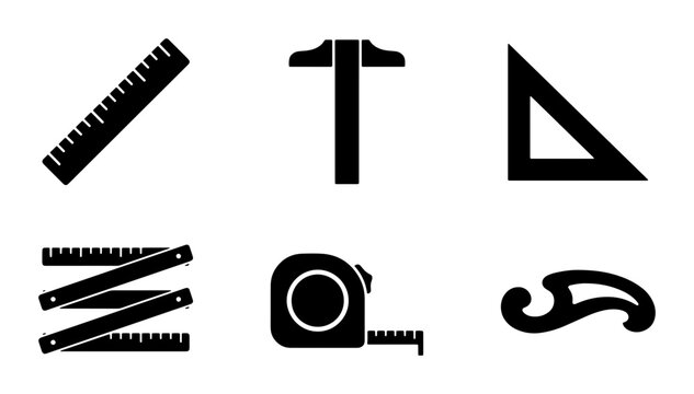 Engineering and Drafting Tools Vector Icons: Ruler, Caliper, Set Square, Folding Ruler, Tape Measure, French Curve, Precision Measurement Icons for Architecture and Design