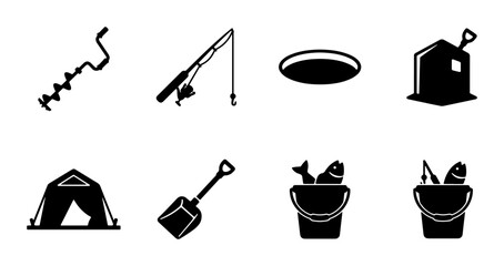 Winter Ice Fishing Icons Set, Cold Weather Sport Equipment, Outdoor Recreation Vector Graphics, Fishing Rod, Tent, Bucket with Fish, Ice Auger, Shovel, Shelter © Tania