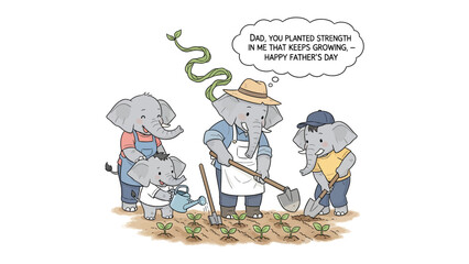 Father's Day Garden: A heartwarming Father's Day scene features a family of elephants tending a small garden, embodying nurturing family love.  © Abu
