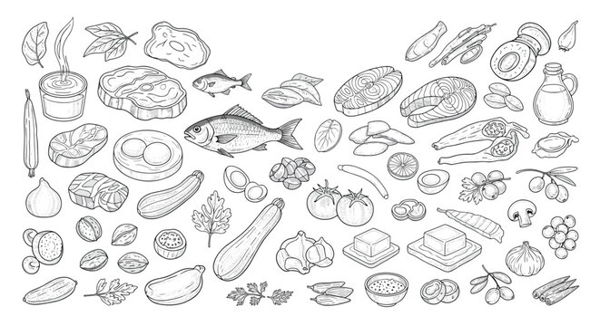 Large collection of hand drawn food icons including meat, fish, vegetables, and dairy products in a monochrome sketch style.