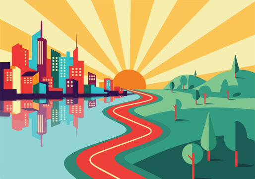 Vibrant city skyline with winding road and sunrise background