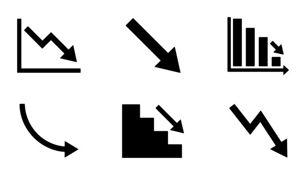 Set of 6 Downward Trend Icons, Falling Graph and Arrow Symbols, Business Decline Vector Graphics, Economic Downturn Icons, Stock Market Crash Icons