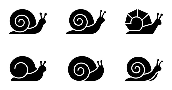 Six Black Silhouette Snail Icons, Simple Vector Art, Gastropod Mollusk Collection, Nature Wildlife Graphics, Crawling Creature Set, Organic Design Elements