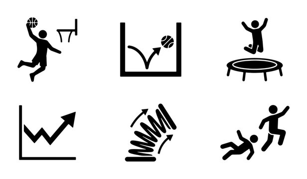 Action Icons Set: Basketball Dunk, Bouncing Ball, Trampoline Jump, Upward Graph, Spring Bounce, Falling People, Vector Graphics for Sports, Activity, and Dynamics
