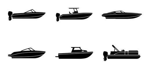 Set of six black boat icons, speedboats and pontoons, vector illustrations for marine transport and water recreation © Enamul
