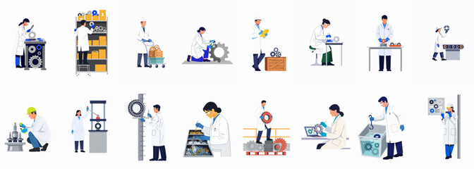 Fototapeta premium Flat illustrations of diverse scientists and engineers working with mechanical gears, performing inspections, measurements, and quality control in a laboratory environment.