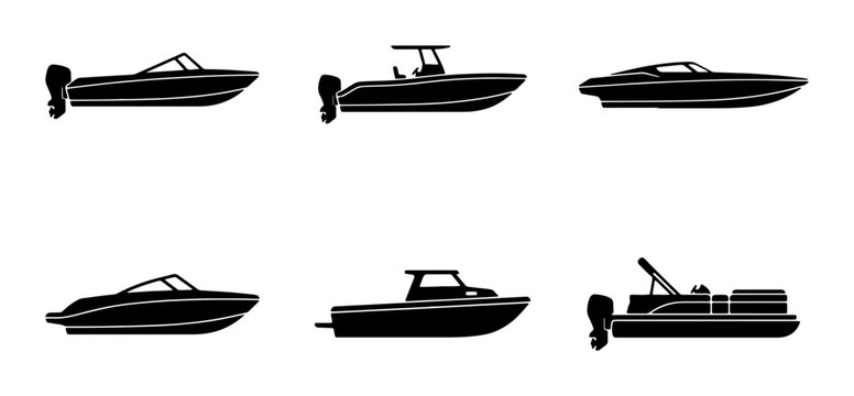 Set of six black boat icons, speedboats and pontoons, vector illustrations for marine transport and water recreation