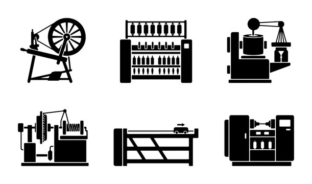 Industrial Machinery Icons: Vintage Spinning Wheel, Textile Looms, Modern Manufacturing Equipment Set, Black Silhouette Vector Graphics