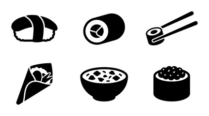 Japanese Sushi Icons, Vector Set: Nigiri, Maki Roll, Chopsticks, Temaki, Donburi, Ikura, Black and White Graphic Elements for Food Service and Asian Cuisine © Enamul