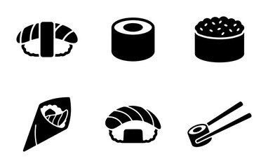 Sushi Icons Set, Japanese Food Vector Graphics, Nigiri Maki Temaki Chopsticks Collection, Minimalist Black and White Food Icons for Menus and Websites © Enamul