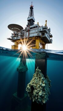 Dramatic Offshore Oil Rig at Sunset with Below Surface View and Marine Life