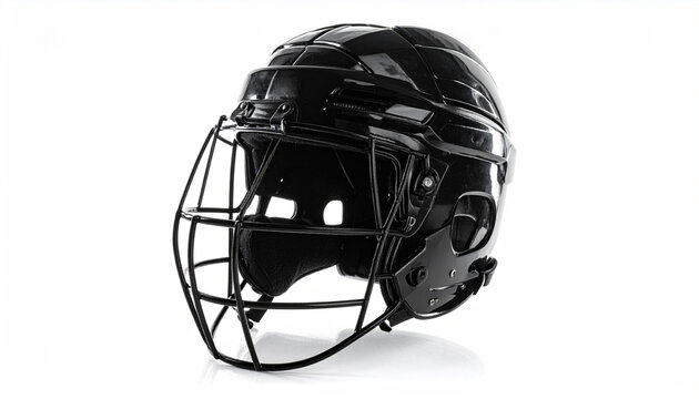 Black hockey helmet with face cage side view isolated on white