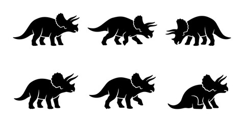 Triceratops Dinosaur Silhouettes, Prehistoric Reptile Icons, Ancient Creature Vector Graphics, Set of Six Black Animal Illustrations © Enamul