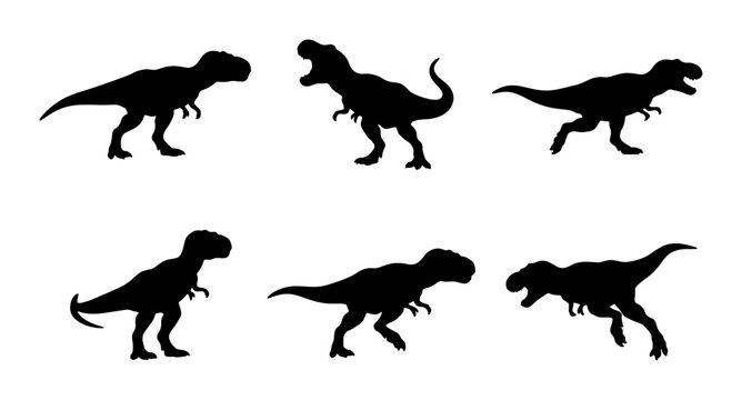 Tyrannosaurus Rex Dinosaur Silhouettes, Prehistoric Reptile Vector Icons, T-Rex Poses Collection, Mesozoic Era Wildlife Graphics