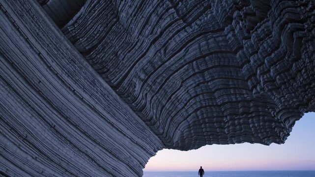person beneath massive layered rock arch at twilight, textured strata and sweeping scale, geologist exploring erosion patterns, quiet horizon, dramatic contrast between rock formation and pastel sky