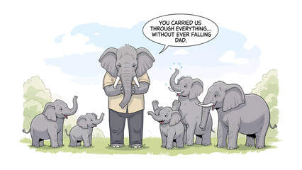 Elephant Family Portrait: A heartwarming illustration of a proud elephant father surrounded by his adoring offspring, a testament to familial love and steadfast support.  © azizunnahar