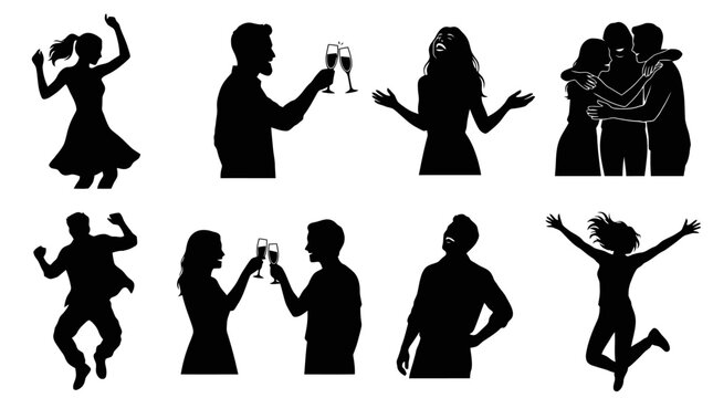 Black silhouettes of people celebrating and socializing with drinks.