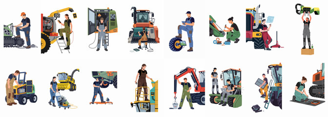 Fototapeta premium Set of professional mechanics and technicians repairing and maintaining heavy agricultural and industrial machinery like tractors, harvesters, and excavators in a flat vector style.