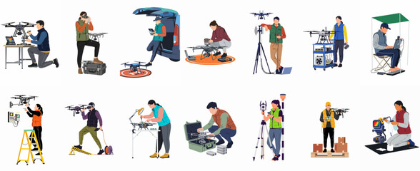 Fototapeta premium Set of vector illustrations depicting professional male and female operators, engineers, and technicians working with various drones and high-tech equipment.