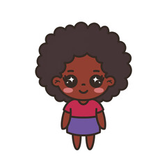Fototapeta premium Chibi Black girl with sparkling eyes and big dark curly afro hair in pink top and purple skirt cute kawaii cartoon illustration