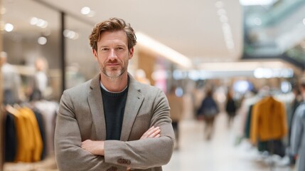 Naklejka premium Man in Retail Store: A confident man with a beard and stylish blazer stands with arms crossed in a modern retail store, surrounded by blurred mannequins and clothing racks.