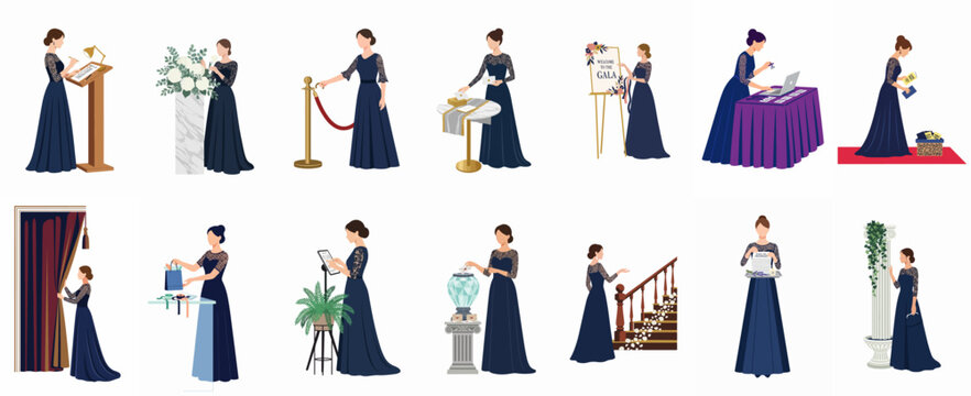 Set of Illustrations Featuring Elegant Women in Gowns Performing Various Event Management and Hosting Tasks at a Formal Gala