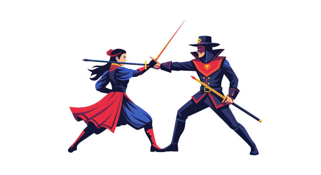 Epic sword fight between a skilled warrior woman and a masked duelist