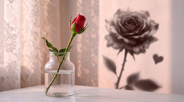 A single red rose in a vase, petals still closed, shadow shows them fully bloomed