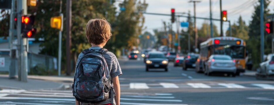 Child with backpack waiting to cross the street at traffic light  
