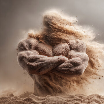 Protein powder forming the abstract shape of shoulders muscles, defined deltoid muscles, upper body crop on soft beige background