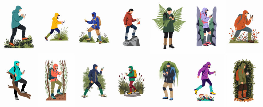 Set of diverse hikers and orienteers using compasses and maps while navigating through various natural landscapes in outdoor adventure scenes.