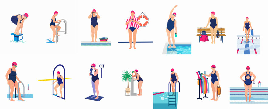 Set of flat vector illustrations depicting an active senior woman engaging in various swimming pool activities, exercises, and preparation routines.