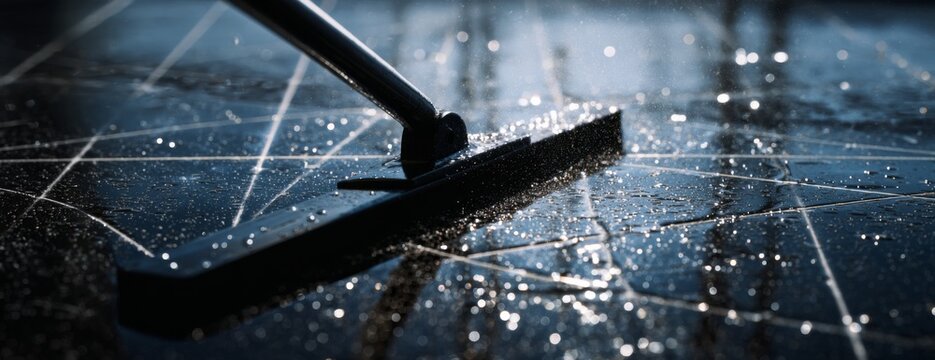 Squeegee cleaning wet floor with water streaks in indoor setting  