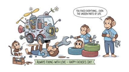 Monkey Mechanic and Father's Day: A playful illustration depicts a team of monkey mechanics fixing a whimsical vehicle, with a heartwarming message celebrating Father's Day.  © Azizun