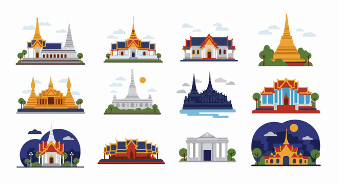 Diverse collection of stylized pixel art architectural landmarks
